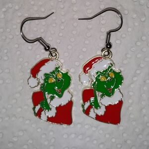 Grinch Dangle Earrings Santa Grinch Head Style NEW NWT